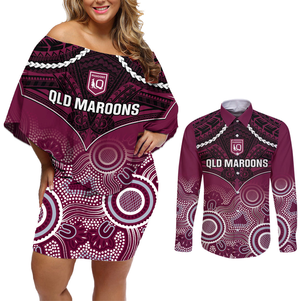 Custom QLD Maroons Rugby Couples Matching Off Shoulder Short Dress and Long Sleeve Button Shirt Aboriginal Mix Polynesian Pattern