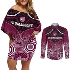 Custom QLD Maroons Rugby Couples Matching Off Shoulder Short Dress and Long Sleeve Button Shirt Aboriginal Mix Polynesian Pattern