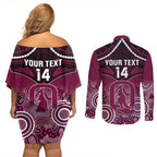 Custom QLD Maroons Rugby Couples Matching Off Shoulder Short Dress and Long Sleeve Button Shirt Aboriginal Mix Polynesian Pattern