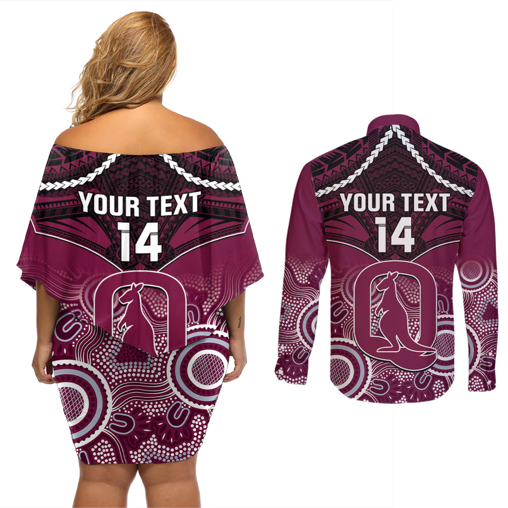 Custom QLD Maroons Rugby Couples Matching Off Shoulder Short Dress and Long Sleeve Button Shirt Aboriginal Mix Polynesian Pattern
