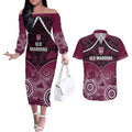 Custom QLD Maroons Rugby Couples Matching Off The Shoulder Long Sleeve Dress and Hawaiian Shirt Aboriginal Mix Polynesian Pattern