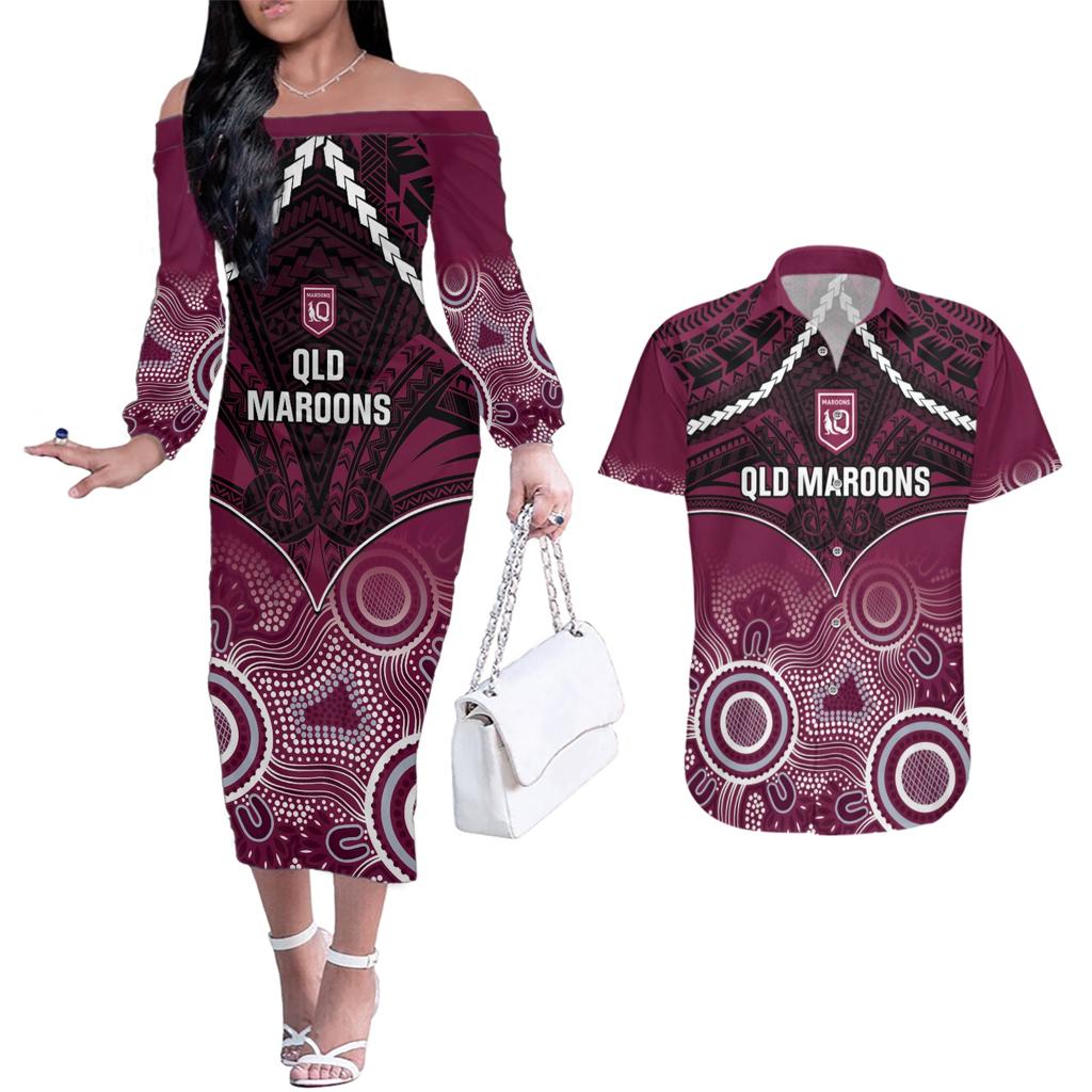 Custom QLD Maroons Rugby Couples Matching Off The Shoulder Long Sleeve Dress and Hawaiian Shirt Aboriginal Mix Polynesian Pattern