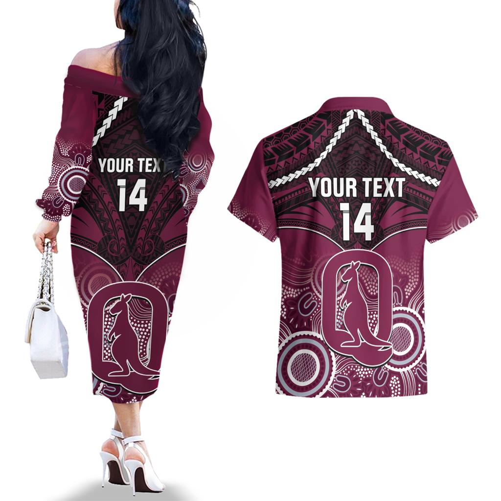 Custom QLD Maroons Rugby Couples Matching Off The Shoulder Long Sleeve Dress and Hawaiian Shirt Aboriginal Mix Polynesian Pattern