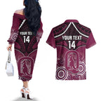 Custom QLD Maroons Rugby Couples Matching Off The Shoulder Long Sleeve Dress and Hawaiian Shirt Aboriginal Mix Polynesian Pattern