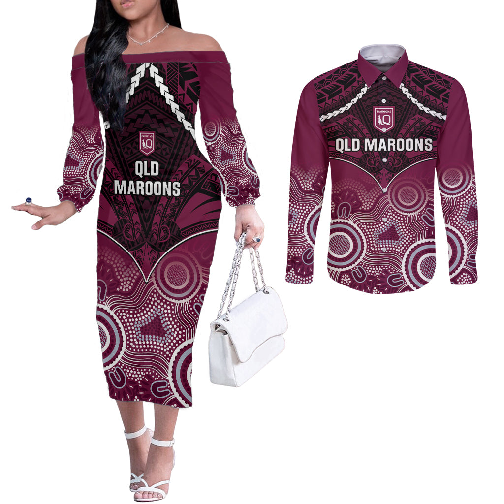 Custom QLD Maroons Rugby Couples Matching Off The Shoulder Long Sleeve Dress and Long Sleeve Button Shirt Aboriginal Mix Polynesian Pattern