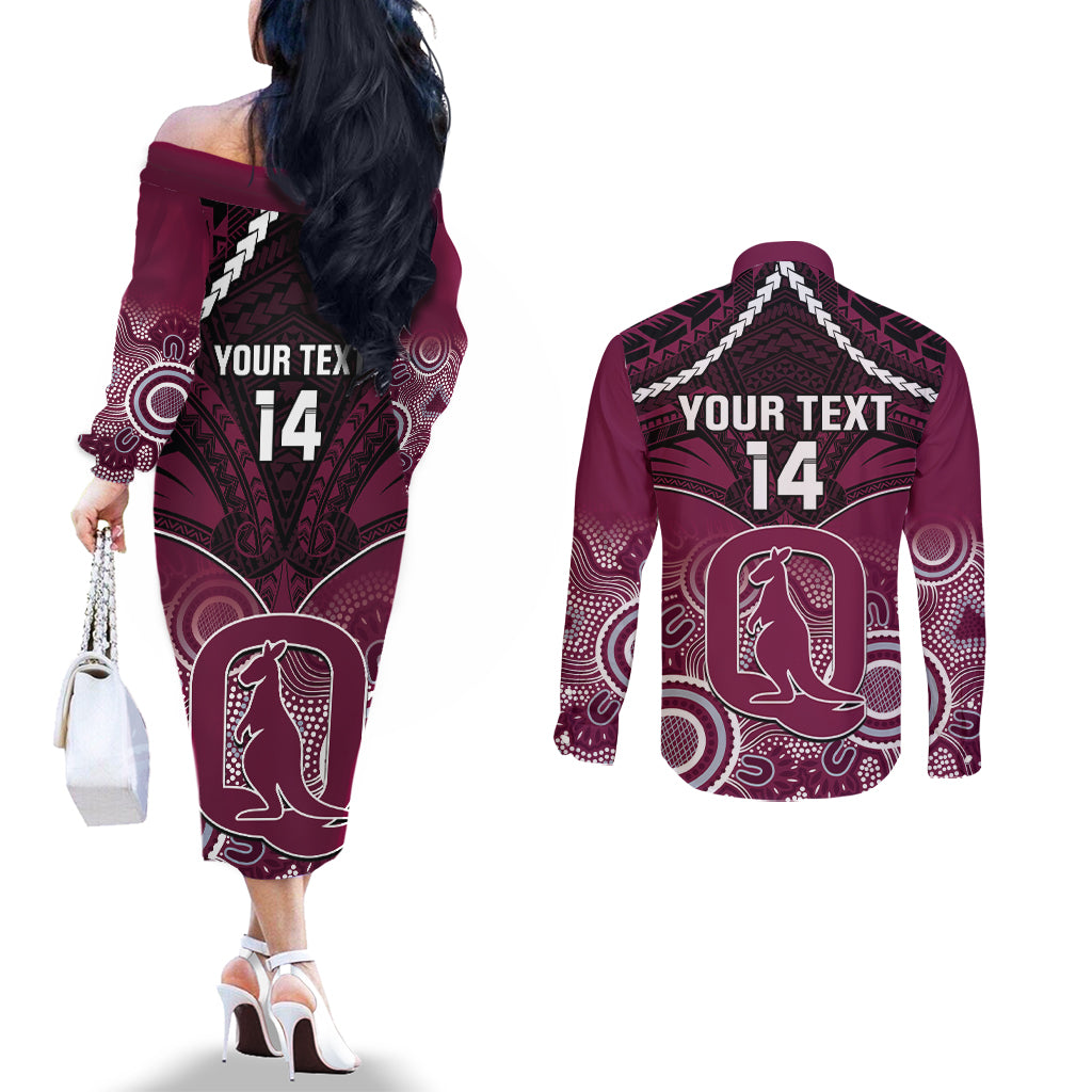 Custom QLD Maroons Rugby Couples Matching Off The Shoulder Long Sleeve Dress and Long Sleeve Button Shirt Aboriginal Mix Polynesian Pattern