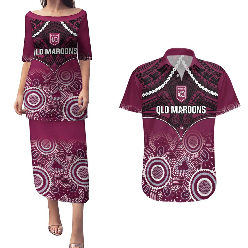 Custom QLD Maroons Rugby Couples Matching Puletasi and Hawaiian Shirt Aboriginal Mix Polynesian Pattern