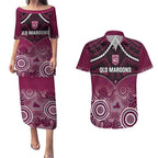 Custom QLD Maroons Rugby Couples Matching Puletasi and Hawaiian Shirt Aboriginal Mix Polynesian Pattern