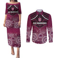 Custom QLD Maroons Rugby Couples Matching Puletasi and Long Sleeve Button Shirt Aboriginal Mix Polynesian Pattern