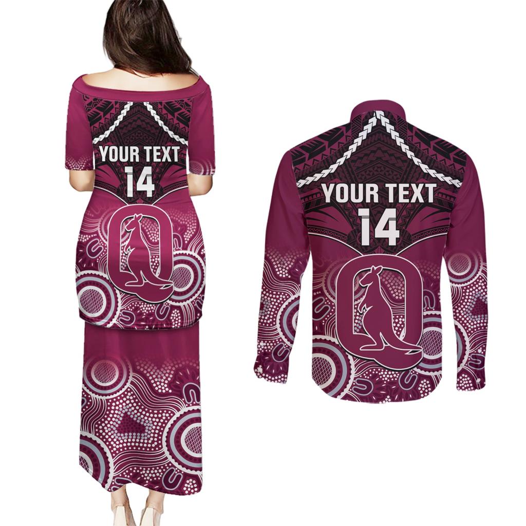 Custom QLD Maroons Rugby Couples Matching Puletasi and Long Sleeve Button Shirt Aboriginal Mix Polynesian Pattern
