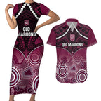 Custom QLD Maroons Rugby Couples Matching Short Sleeve Bodycon Dress and Hawaiian Shirt Aboriginal Mix Polynesian Pattern