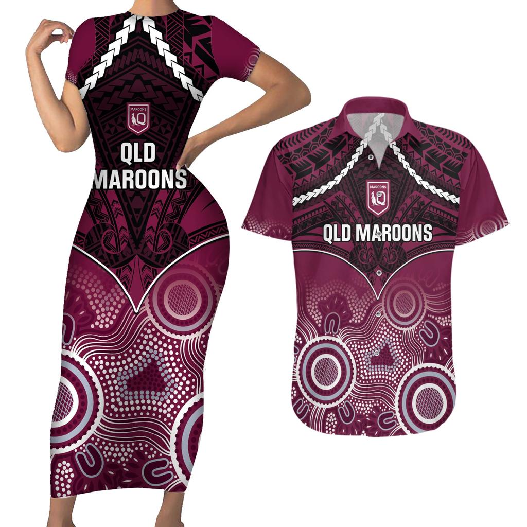 Custom QLD Maroons Rugby Couples Matching Short Sleeve Bodycon Dress and Hawaiian Shirt Aboriginal Mix Polynesian Pattern