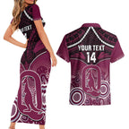 Custom QLD Maroons Rugby Couples Matching Short Sleeve Bodycon Dress and Hawaiian Shirt Aboriginal Mix Polynesian Pattern