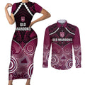 Custom QLD Maroons Rugby Couples Matching Short Sleeve Bodycon Dress and Long Sleeve Button Shirt Aboriginal Mix Polynesian Pattern