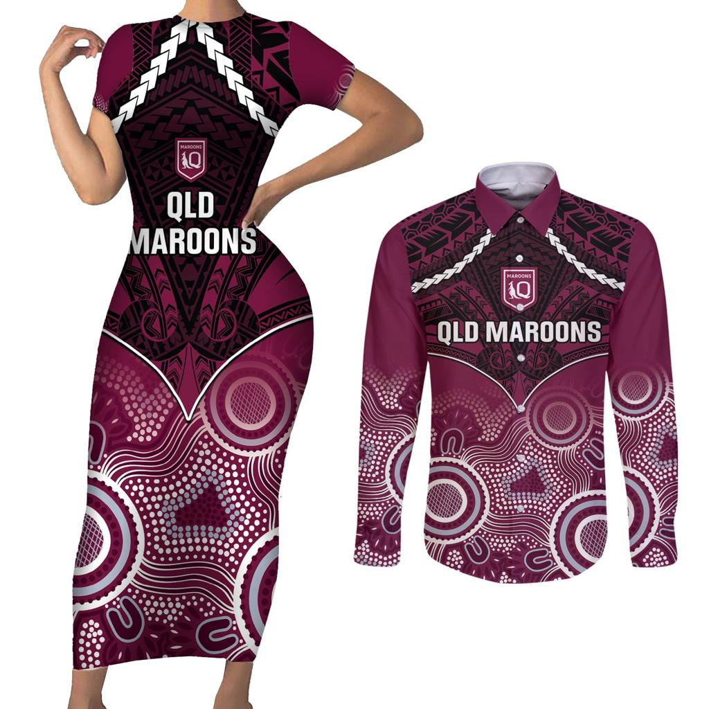 Custom QLD Maroons Rugby Couples Matching Short Sleeve Bodycon Dress and Long Sleeve Button Shirt Aboriginal Mix Polynesian Pattern
