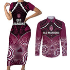 Custom QLD Maroons Rugby Couples Matching Short Sleeve Bodycon Dress and Long Sleeve Button Shirt Aboriginal Mix Polynesian Pattern