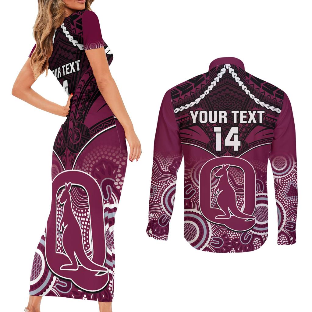 Custom QLD Maroons Rugby Couples Matching Short Sleeve Bodycon Dress and Long Sleeve Button Shirt Aboriginal Mix Polynesian Pattern
