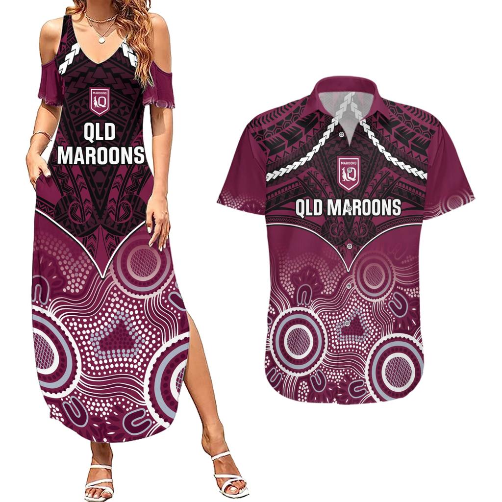 Custom QLD Maroons Rugby Couples Matching Summer Maxi Dress and Hawaiian Shirt Aboriginal Mix Polynesian Pattern