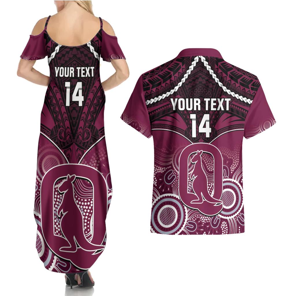 Custom QLD Maroons Rugby Couples Matching Summer Maxi Dress and Hawaiian Shirt Aboriginal Mix Polynesian Pattern