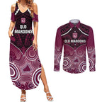 Custom QLD Maroons Rugby Couples Matching Summer Maxi Dress and Long Sleeve Button Shirt Aboriginal Mix Polynesian Pattern