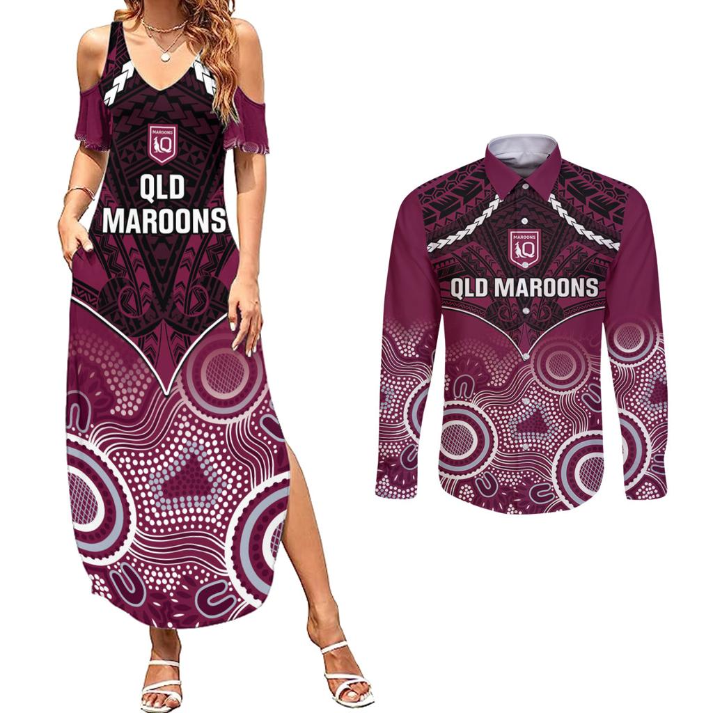 Custom QLD Maroons Rugby Couples Matching Summer Maxi Dress and Long Sleeve Button Shirt Aboriginal Mix Polynesian Pattern