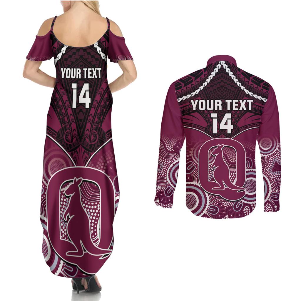 Custom QLD Maroons Rugby Couples Matching Summer Maxi Dress and Long Sleeve Button Shirt Aboriginal Mix Polynesian Pattern