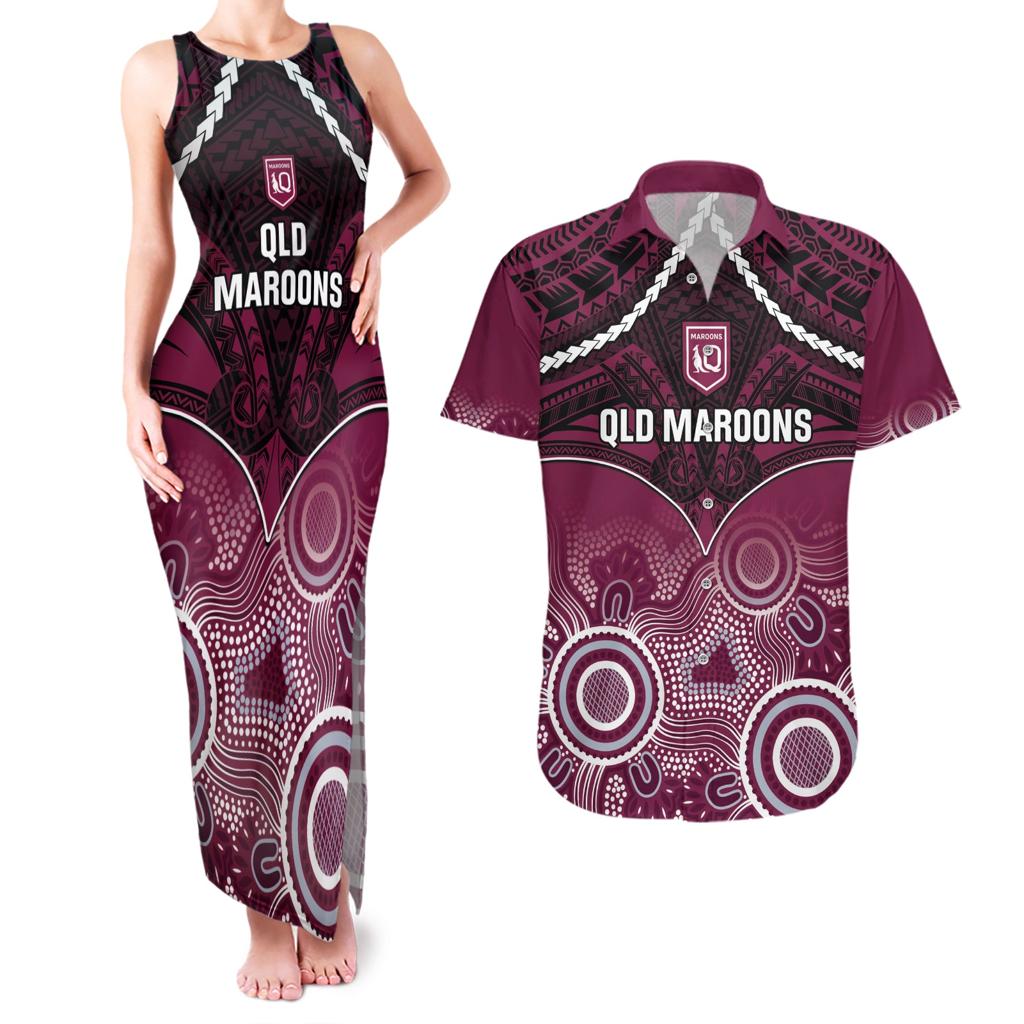 Custom QLD Maroons Rugby Couples Matching Tank Maxi Dress and Hawaiian Shirt Aboriginal Mix Polynesian Pattern