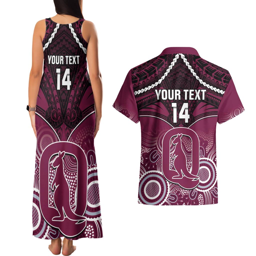 Custom QLD Maroons Rugby Couples Matching Tank Maxi Dress and Hawaiian Shirt Aboriginal Mix Polynesian Pattern