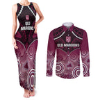 Custom QLD Maroons Rugby Couples Matching Tank Maxi Dress and Long Sleeve Button Shirt Aboriginal Mix Polynesian Pattern