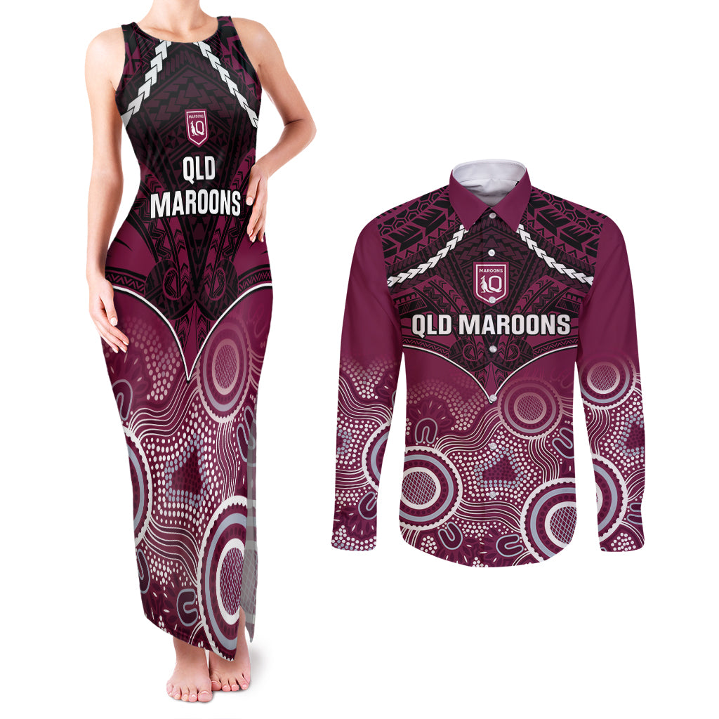 Custom QLD Maroons Rugby Couples Matching Tank Maxi Dress and Long Sleeve Button Shirt Aboriginal Mix Polynesian Pattern