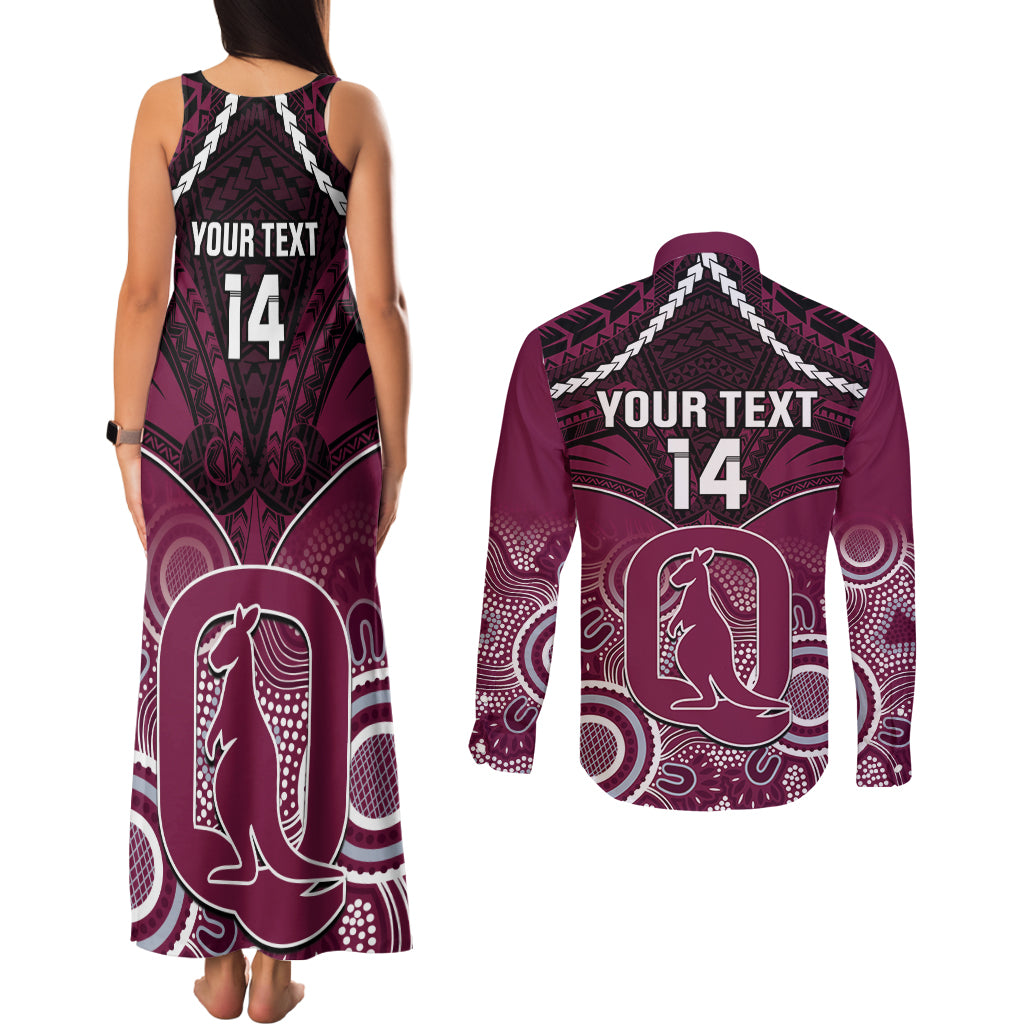 Custom QLD Maroons Rugby Couples Matching Tank Maxi Dress and Long Sleeve Button Shirt Aboriginal Mix Polynesian Pattern
