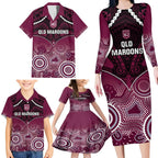 Custom QLD Maroons Rugby Family Matching Long Sleeve Bodycon Dress and Hawaiian Shirt Aboriginal Mix Polynesian Pattern