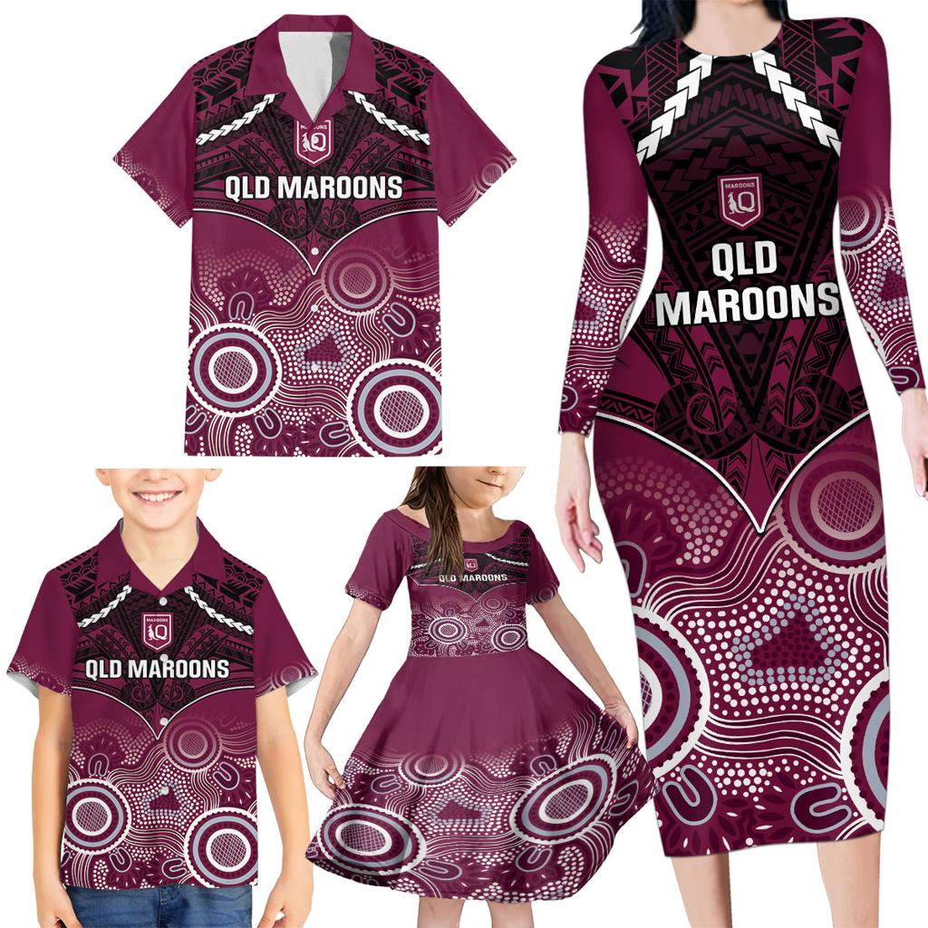 Custom QLD Maroons Rugby Family Matching Long Sleeve Bodycon Dress and Hawaiian Shirt Aboriginal Mix Polynesian Pattern