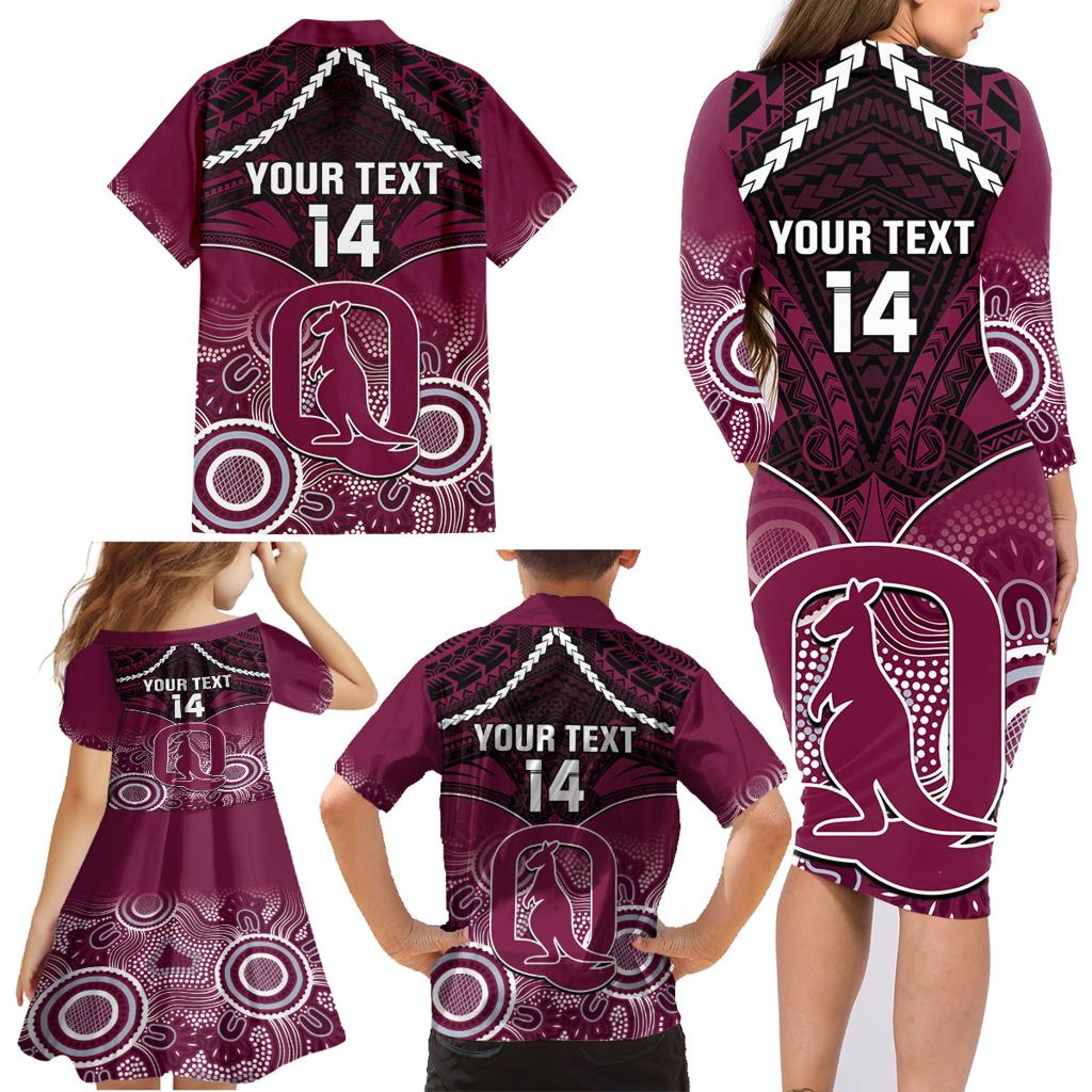 Custom QLD Maroons Rugby Family Matching Long Sleeve Bodycon Dress and Hawaiian Shirt Aboriginal Mix Polynesian Pattern