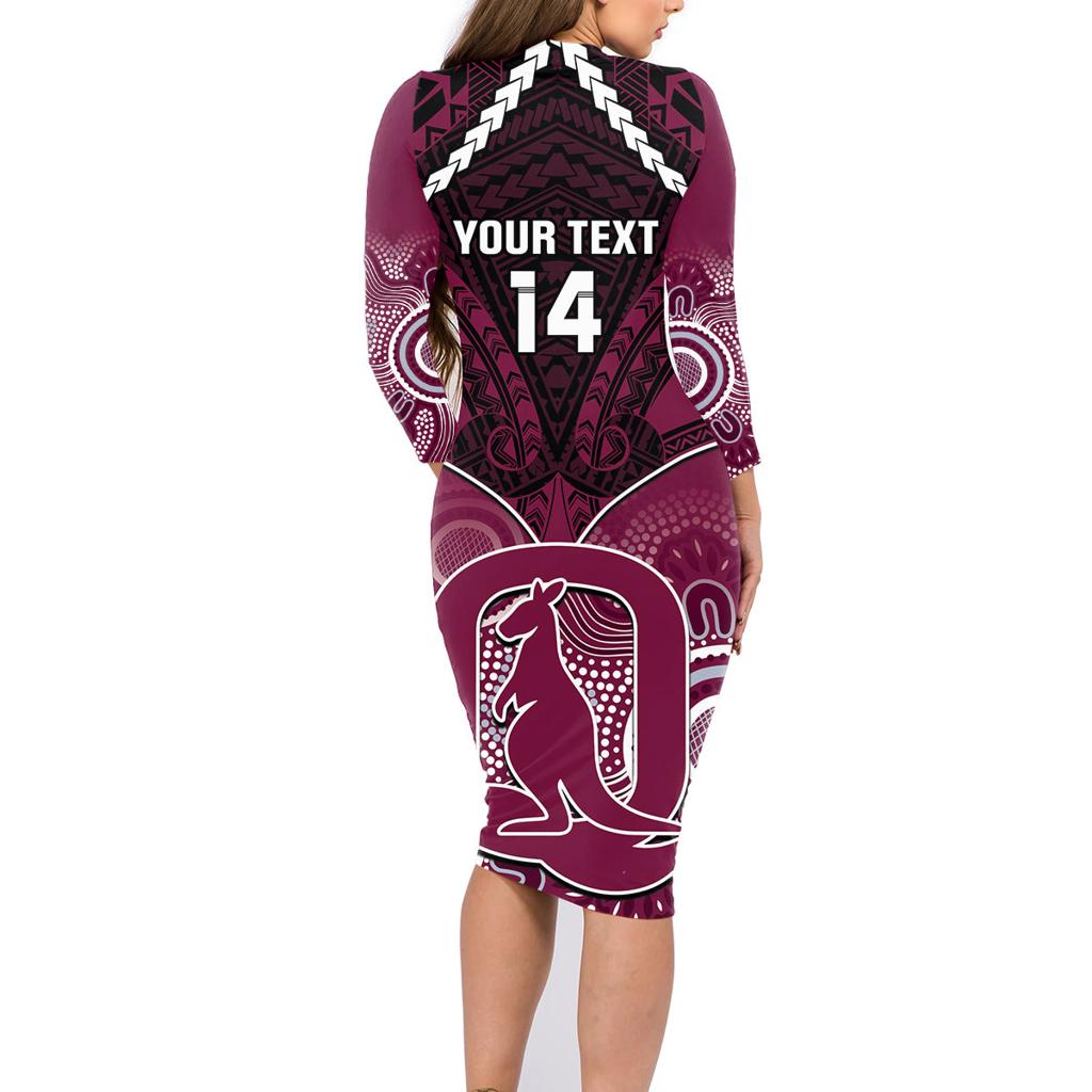 Custom QLD Maroons Rugby Family Matching Long Sleeve Bodycon Dress and Hawaiian Shirt Aboriginal Mix Polynesian Pattern