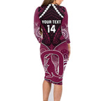 Custom QLD Maroons Rugby Family Matching Long Sleeve Bodycon Dress and Hawaiian Shirt Aboriginal Mix Polynesian Pattern