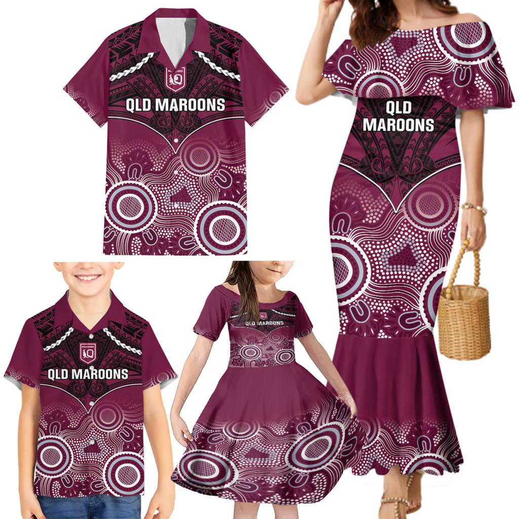 Custom QLD Maroons Rugby Family Matching Mermaid Dress and Hawaiian Shirt Aboriginal Mix Polynesian Pattern