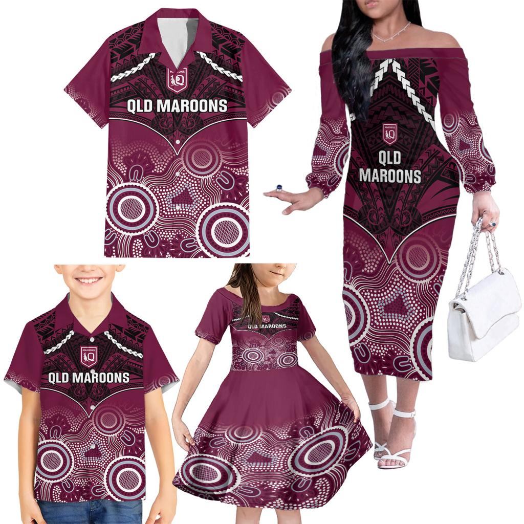 Custom QLD Maroons Rugby Family Matching Off The Shoulder Long Sleeve Dress and Hawaiian Shirt Aboriginal Mix Polynesian Pattern