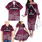 Custom QLD Maroons Rugby Family Matching Off The Shoulder Long Sleeve Dress and Hawaiian Shirt Aboriginal Mix Polynesian Pattern