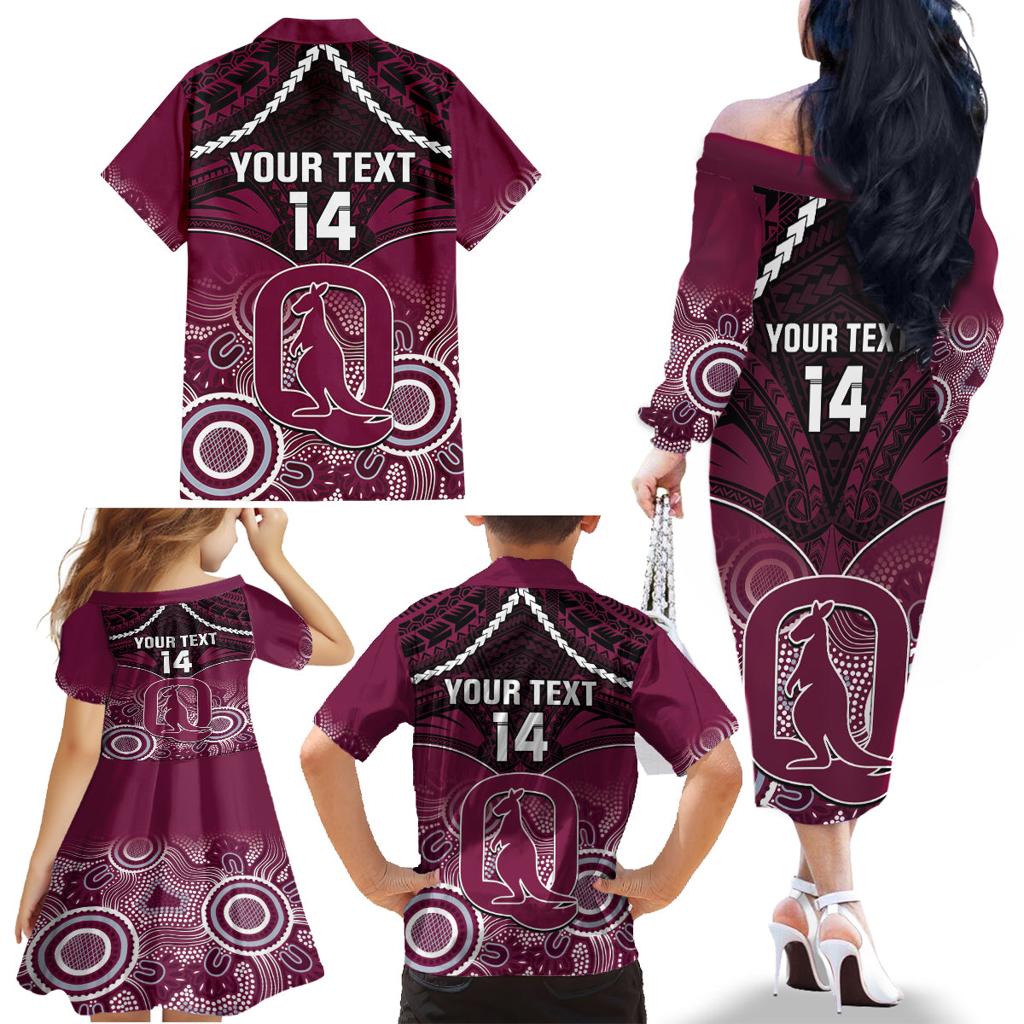 Custom QLD Maroons Rugby Family Matching Off The Shoulder Long Sleeve Dress and Hawaiian Shirt Aboriginal Mix Polynesian Pattern