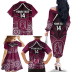 Custom QLD Maroons Rugby Family Matching Off The Shoulder Long Sleeve Dress and Hawaiian Shirt Aboriginal Mix Polynesian Pattern