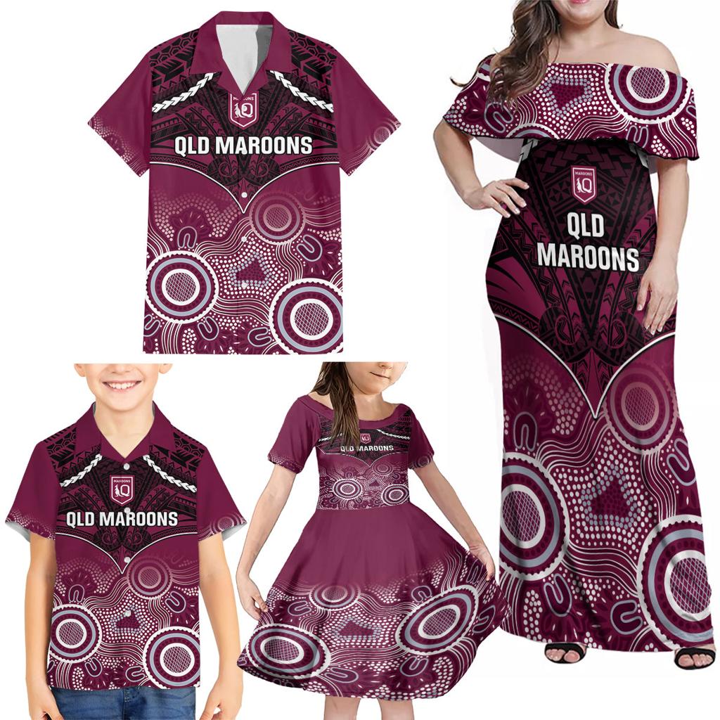 Custom QLD Maroons Rugby Family Matching Off Shoulder Maxi Dress and Hawaiian Shirt Aboriginal Mix Polynesian Pattern