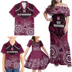 Custom QLD Maroons Rugby Family Matching Off Shoulder Maxi Dress and Hawaiian Shirt Aboriginal Mix Polynesian Pattern