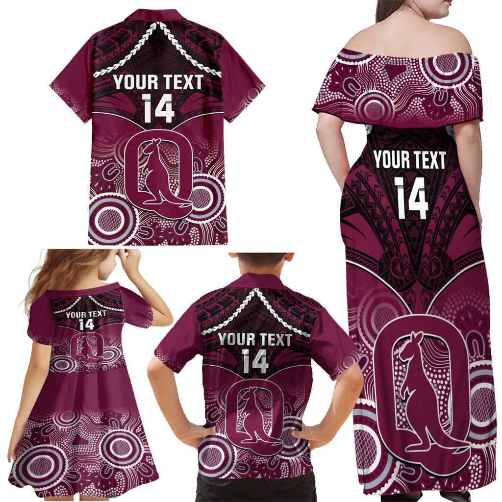 Custom QLD Maroons Rugby Family Matching Off Shoulder Maxi Dress and Hawaiian Shirt Aboriginal Mix Polynesian Pattern