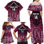 Custom QLD Maroons Rugby Family Matching Off Shoulder Maxi Dress and Hawaiian Shirt Aboriginal Mix Polynesian Pattern