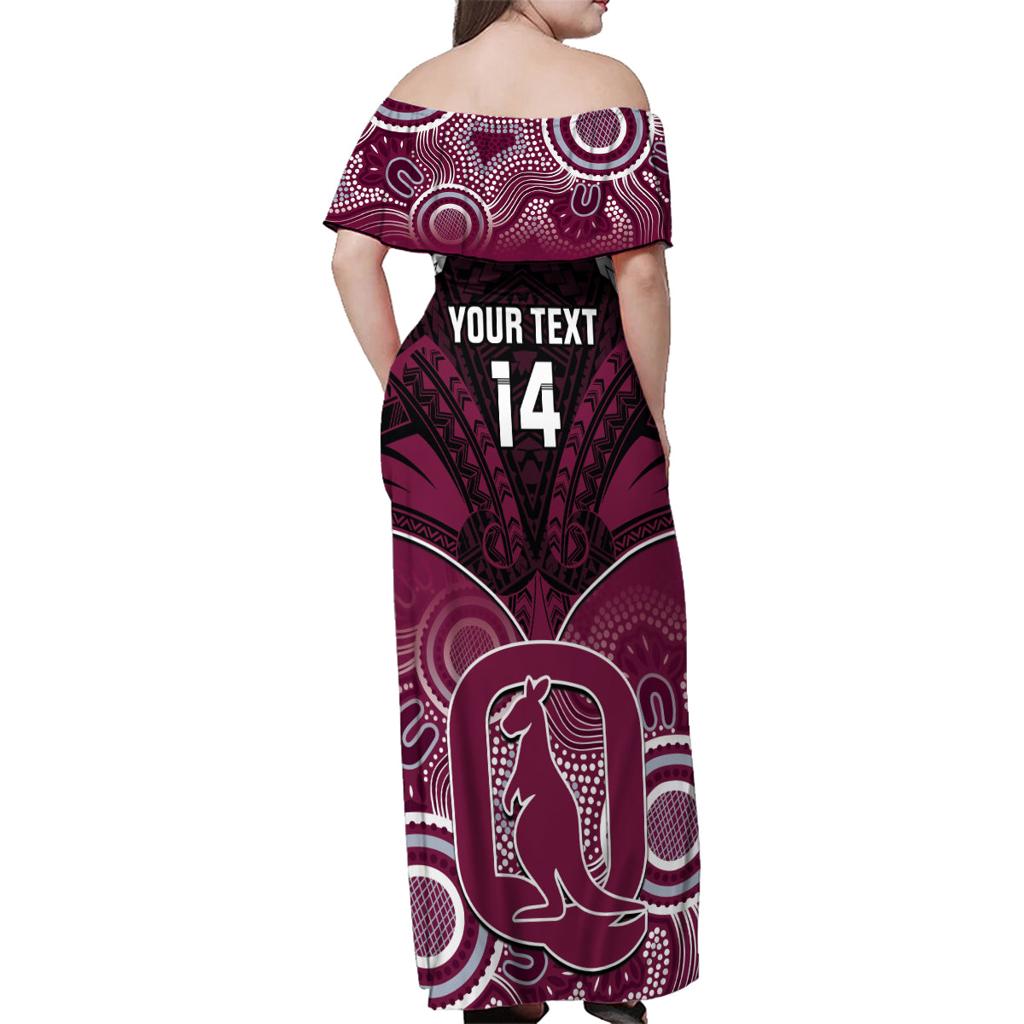 Custom QLD Maroons Rugby Family Matching Off Shoulder Maxi Dress and Hawaiian Shirt Aboriginal Mix Polynesian Pattern