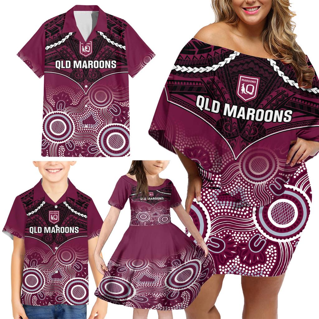 Custom QLD Maroons Rugby Family Matching Off Shoulder Short Dress and Hawaiian Shirt Aboriginal Mix Polynesian Pattern