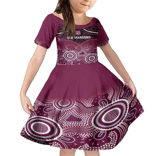 Custom QLD Maroons Rugby Family Matching Off Shoulder Short Dress and Hawaiian Shirt Aboriginal Mix Polynesian Pattern