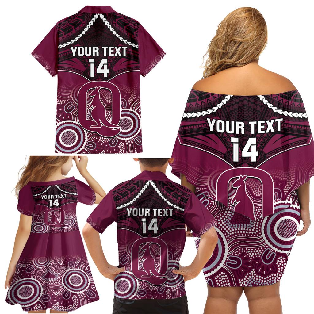 Custom QLD Maroons Rugby Family Matching Off Shoulder Short Dress and Hawaiian Shirt Aboriginal Mix Polynesian Pattern