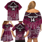Custom QLD Maroons Rugby Family Matching Off Shoulder Short Dress and Hawaiian Shirt Aboriginal Mix Polynesian Pattern